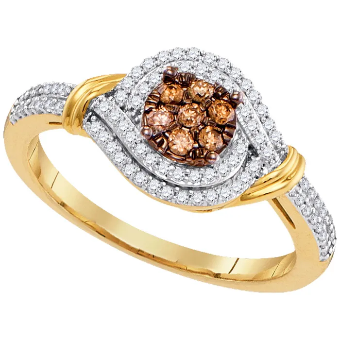 mayamila Rings 10kt Yellow Gold Womens Round Brown Color Enhanced Diamond Cluster Ring 13 Cttw