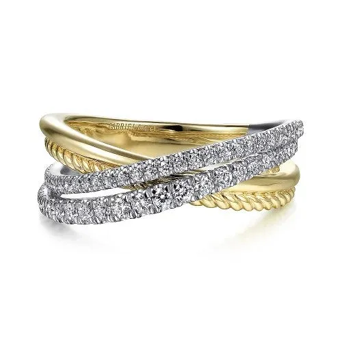 14K WhiteYellow Gold Twisted Rope and Diamond Criss Cross Ring GABRIEL CO Rings