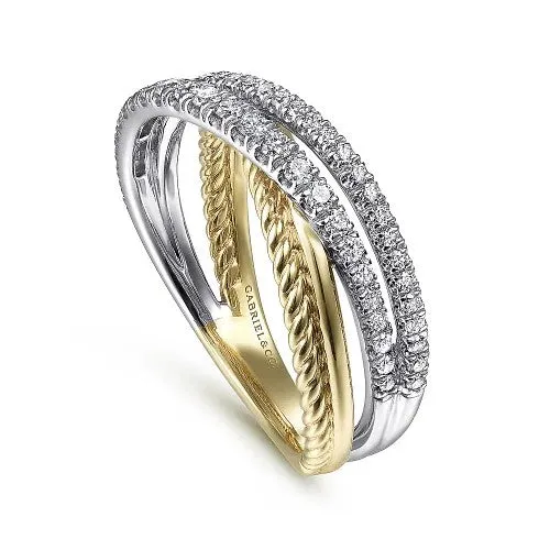 14K WhiteYellow Gold Twisted Rope and Diamond Criss Cross Ring GABRIEL CO Rings 14K WhiteYellow Gold Twisted Rope and Diamond Criss Cross Ring GABRIEL CO Rings
