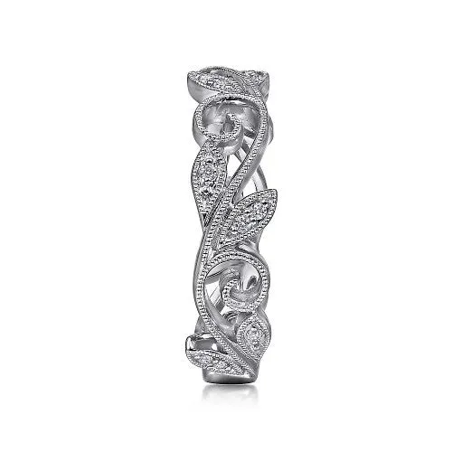 GABRIEL CO Rings 14K White Gold Scrolling Floral Diamond Stackable Ring