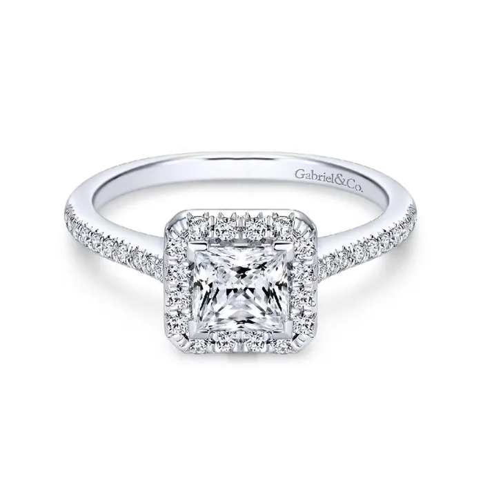 GABRIEL CO Rings Patience 14K White Gold Princess Halo Diamond Engagement Ring