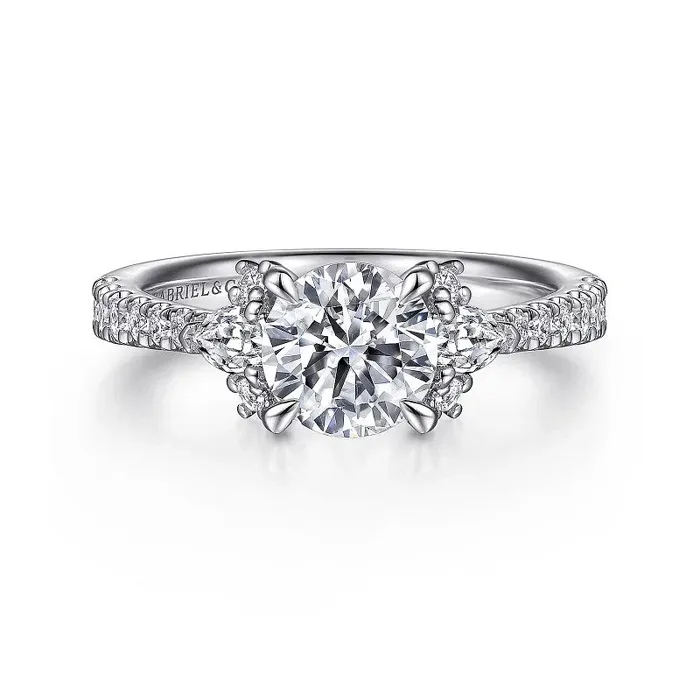Rings Ami 14K White Gold Round Three Stone Diamond Engagement Ring Setting Only GABRIEL CO