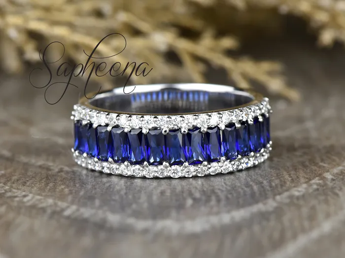 Sapheena Jewelry Rings Serena 20 Ct Triple Row Blue Sapphire Half Eternity Wedding Band