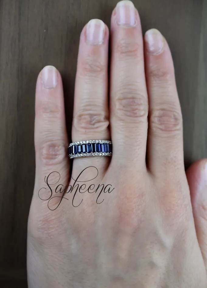 Sapheena Jewelry Rings Serena 20 Ct Triple Row Blue Sapphire Half Eternity Wedding Band