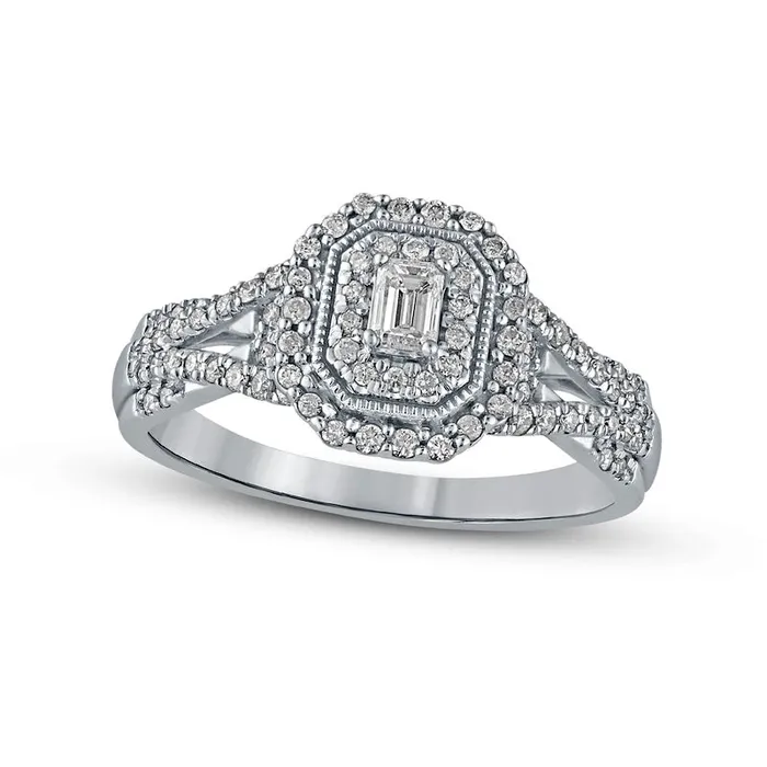 050 CT TW EmeraldCut Natural Diamond Frame Antique VintageStyle MultiRow Engagement Ring in Solid 10K White Gold Goldia Rings 050 CT TW EmeraldCut Natural Diamond Frame Antique VintageStyle MultiRow Engagement Ring in Solid 10K White Gold Goldia Rings