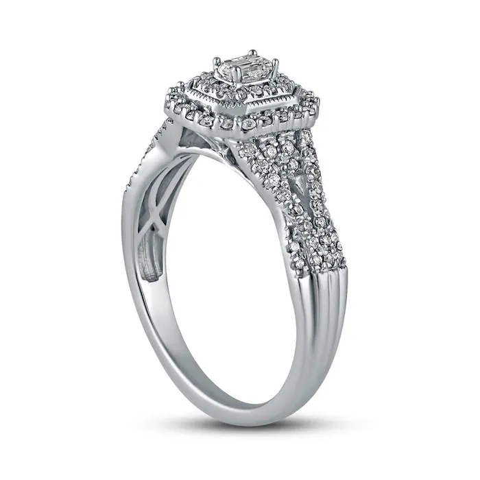 050 CT TW EmeraldCut Natural Diamond Frame Antique VintageStyle MultiRow Engagement Ring in Solid 10K White Gold Goldia Rings 050 CT TW EmeraldCut Natural Diamond Frame Antique VintageStyle MultiRow Engagement Ring in Solid 10K White Gold Goldia Rings