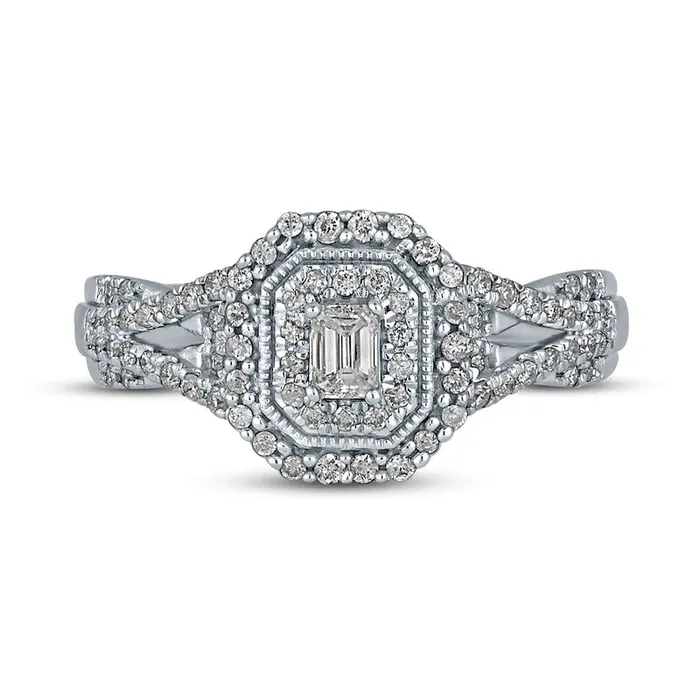 050 CT TW EmeraldCut Natural Diamond Frame Antique VintageStyle MultiRow Engagement Ring in Solid 10K White Gold Goldia Rings 050 CT TW EmeraldCut Natural Diamond Frame Antique VintageStyle MultiRow Engagement Ring in Solid 10K White Gold Goldia Rings