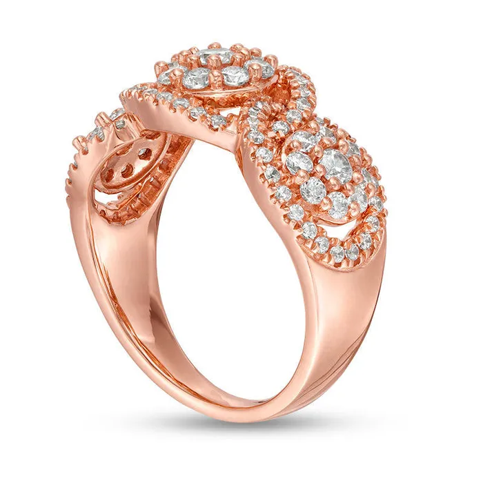 10 CT TW Composite Natural Diamond Three Stone Frame Ring in Solid 10K Rose Gold Goldia Rings 10 CT TW Composite Natural Diamond Three Stone Frame Ring in Solid 10K Rose Gold Goldia Rings