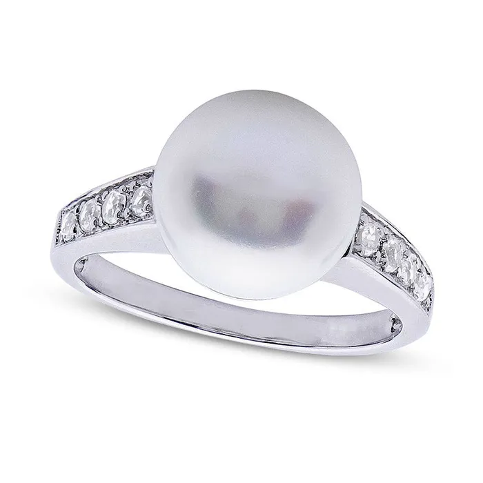 100 105mm Button Cultured Freshwater Pearl and White Topaz Ring in Sterling Silver Goldia Rings 100 105mm Button Cultured Freshwater Pearl and White Topaz Ring in Sterling Silver Goldia Rings