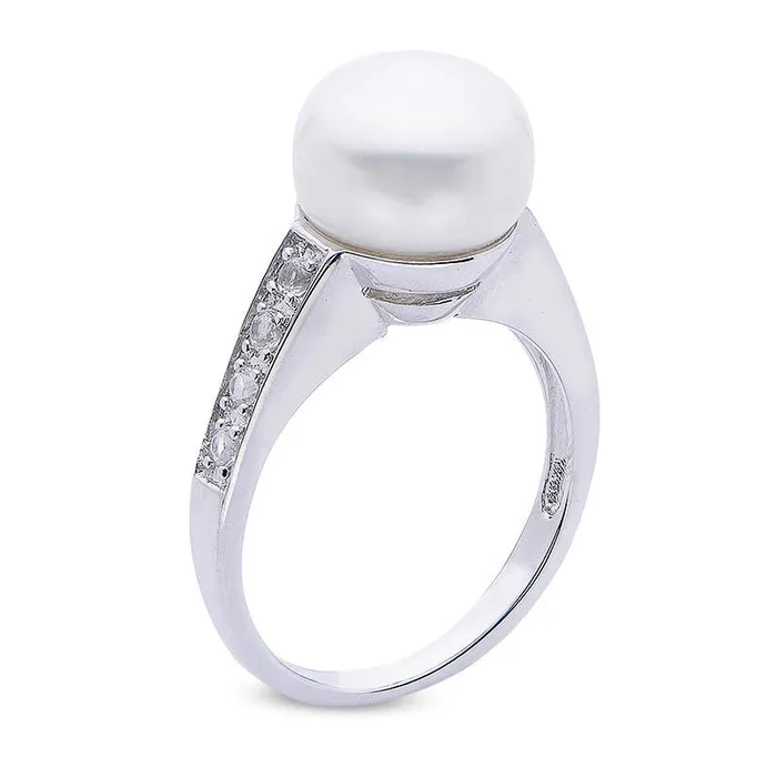 100 105mm Button Cultured Freshwater Pearl and White Topaz Ring in Sterling Silver Goldia Rings