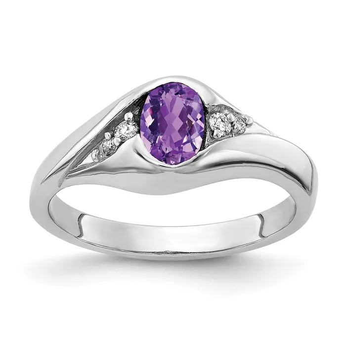 14k White Gold 6x4mm Oval Amethyst Checker VS Real Diamond ring goldiaca Rings