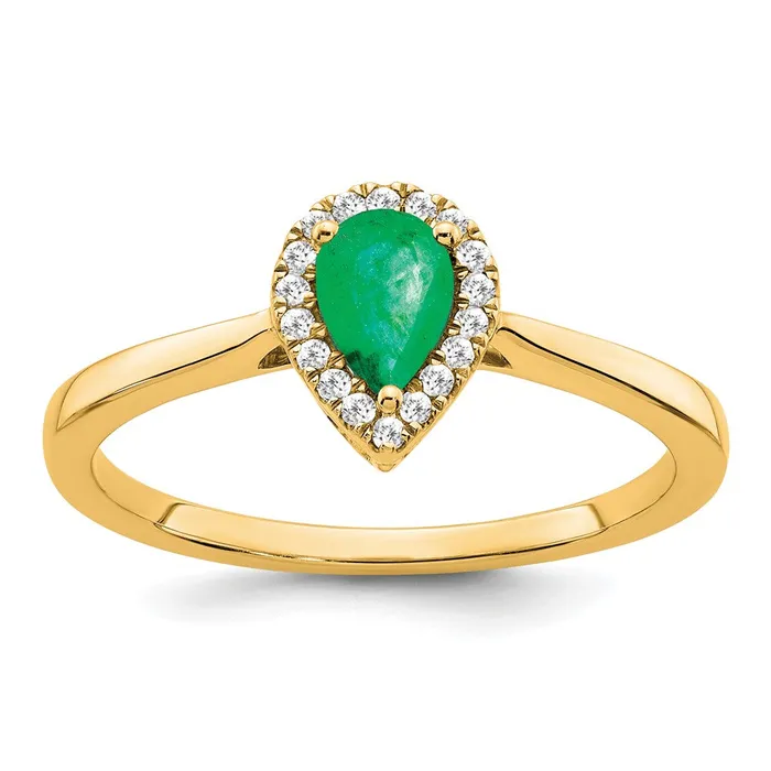 14K Yellow Gold Pear Emerald and Real Diamond Halo Ring Goldia Rings