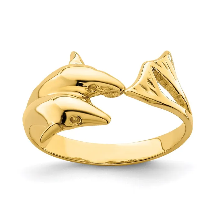 14K Yellow Gold Polished Double Dolphin Ring Goldia Rings