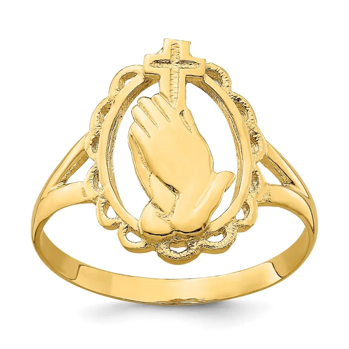 14K Yellow Gold Polished Praying Hands and Cross Ring Goldia Rings