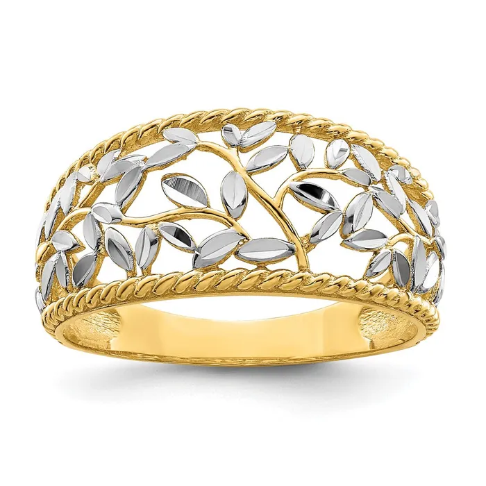 14k Yellow Gold wRhodium Diamondcut Filigree Leaf Ring Goldia Rings