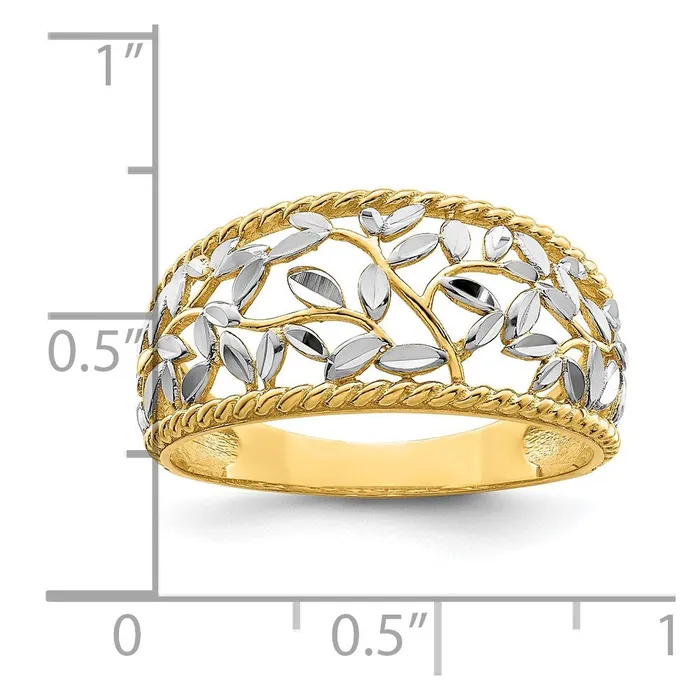 14k Yellow Gold wRhodium Diamondcut Filigree Leaf Ring Goldia Rings