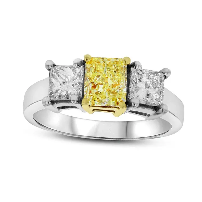 20 CT TW Fancy Yellow and White RadiantCut Natural Diamond Three Stone Ring in Solid 18K TwoTone Gold SI1 Goldia Rings 20 CT TW Fancy Yellow and White RadiantCut Natural Diamond Three Stone Ring in Solid 18K TwoTone Gold SI1 Goldia Rings
