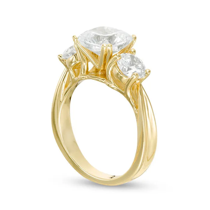 30 CT TW CushionCut Natural Diamond Three Stone Engagement Ring in Solid 14K Gold Goldia Rings