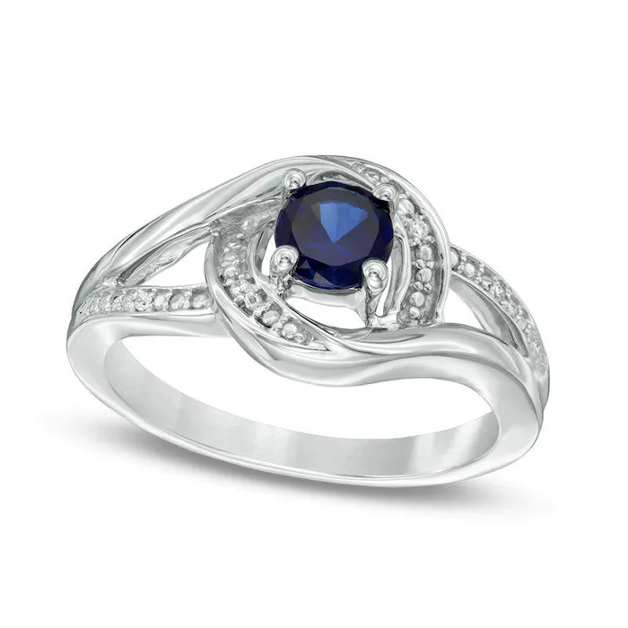 50mm LabCreated Blue Sapphire and Diamond Accent Swirl Frame Split Shank Ring in Sterling Silver Goldia Rings 50mm LabCreated Blue Sapphire and Diamond Accent Swirl Frame Split Shank Ring in Sterling Silver Goldia Rings