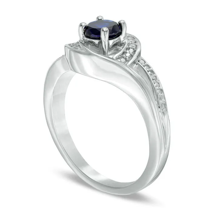 50mm LabCreated Blue Sapphire and Diamond Accent Swirl Frame Split Shank Ring in Sterling Silver Goldia Rings 50mm LabCreated Blue Sapphire and Diamond Accent Swirl Frame Split Shank Ring in Sterling Silver Goldia Rings