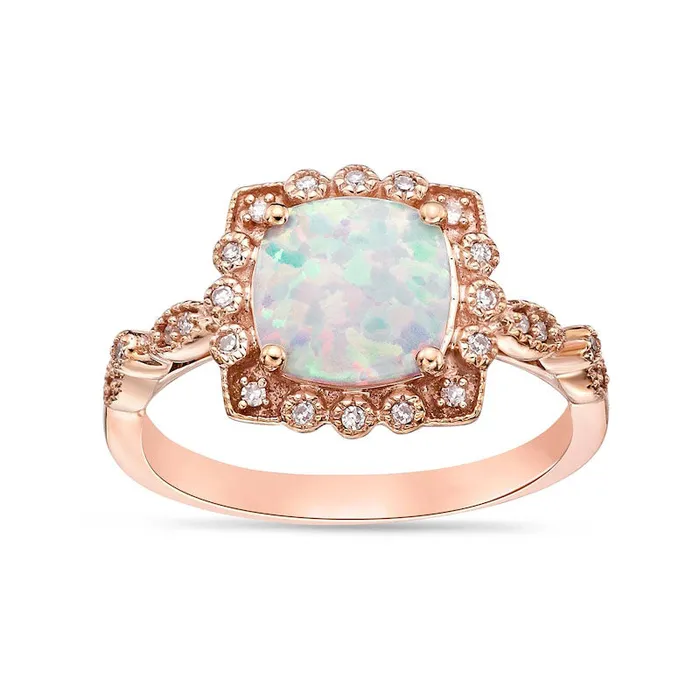 80mm CushionCut LabCreated Opal and 010 CT TW Diamond Ornate Frame Antique VintageStyle Ring in Solid 10K Rose Gold Goldia Rings 80mm CushionCut LabCreated Opal and 010 CT TW Diamond Ornate Frame Antique VintageStyle Ring in Solid 10K Rose Gold Goldia Rings