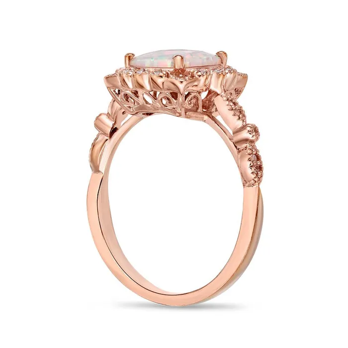 80mm CushionCut LabCreated Opal and 010 CT TW Diamond Ornate Frame Antique VintageStyle Ring in Solid 10K Rose Gold Goldia Rings 80mm CushionCut LabCreated Opal and 010 CT TW Diamond Ornate Frame Antique VintageStyle Ring in Solid 10K Rose Gold Goldia Rings