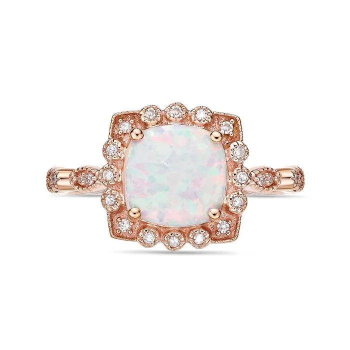 80mm CushionCut LabCreated Opal and 010 CT TW Diamond Ornate Frame Antique VintageStyle Ring in Solid 10K Rose Gold Goldia Rings 80mm CushionCut LabCreated Opal and 010 CT TW Diamond Ornate Frame Antique VintageStyle Ring in Solid 10K Rose Gold Goldia Rings