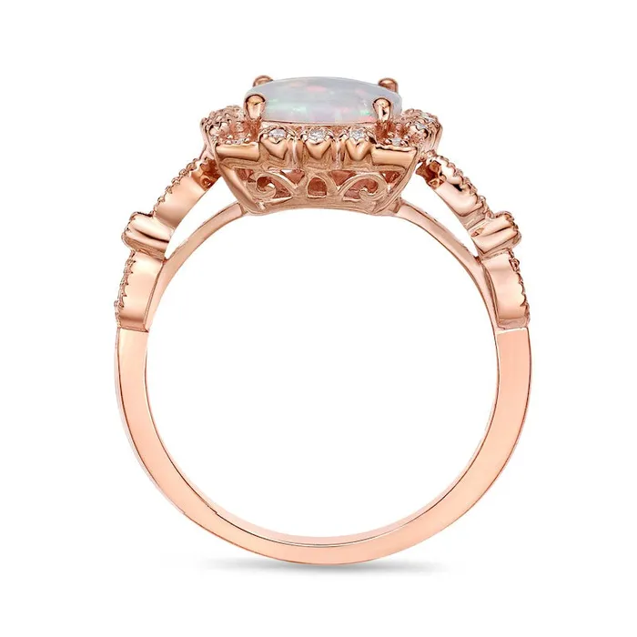 80mm CushionCut LabCreated Opal and 010 CT TW Diamond Ornate Frame Antique VintageStyle Ring in Solid 10K Rose Gold Goldia Rings 80mm CushionCut LabCreated Opal and 010 CT TW Diamond Ornate Frame Antique VintageStyle Ring in Solid 10K Rose Gold Goldia Rings