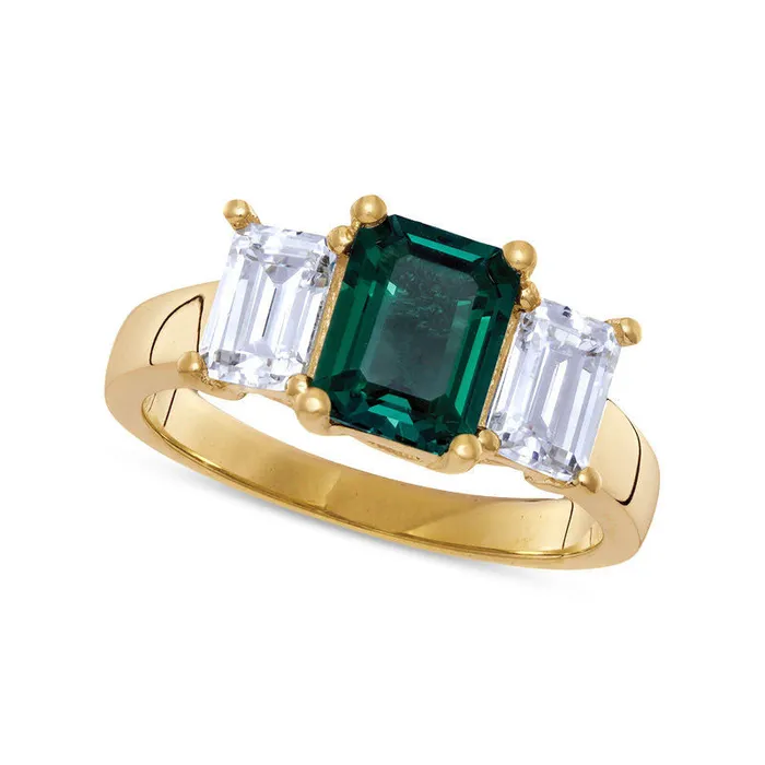 EmeraldCut LabCreated Emerald and White Topaz Three Stone Ring in Solid 10K Yellow Gold Goldia Rings