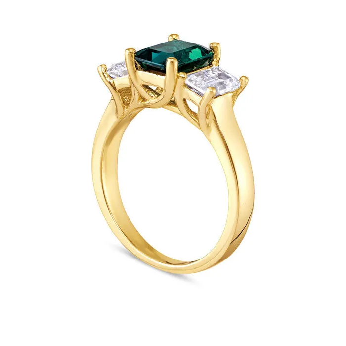 EmeraldCut LabCreated Emerald and White Topaz Three Stone Ring in Solid 10K Yellow Gold Goldia Rings EmeraldCut LabCreated Emerald and White Topaz Three Stone Ring in Solid 10K Yellow Gold Goldia Rings