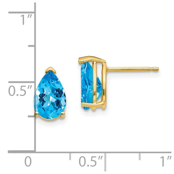 Goldia Earrings 14k Yellow Gold 9x6mm Pear Blue Topaz Checker Earrings
