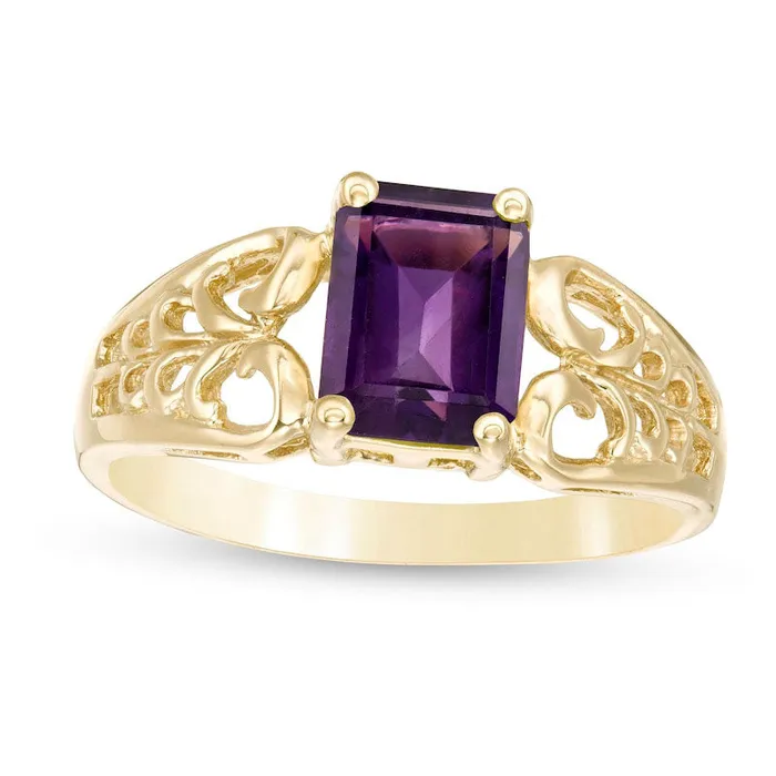 Goldia EmeraldCut Amethyst Open Scroll Ring in Solid 10K Yellow Gold Rings Goldia EmeraldCut Amethyst Open Scroll Ring in Solid 10K Yellow Gold Rings