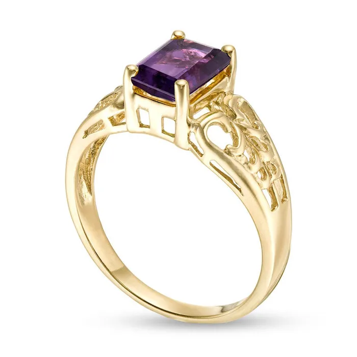 Goldia EmeraldCut Amethyst Open Scroll Ring in Solid 10K Yellow Gold Rings