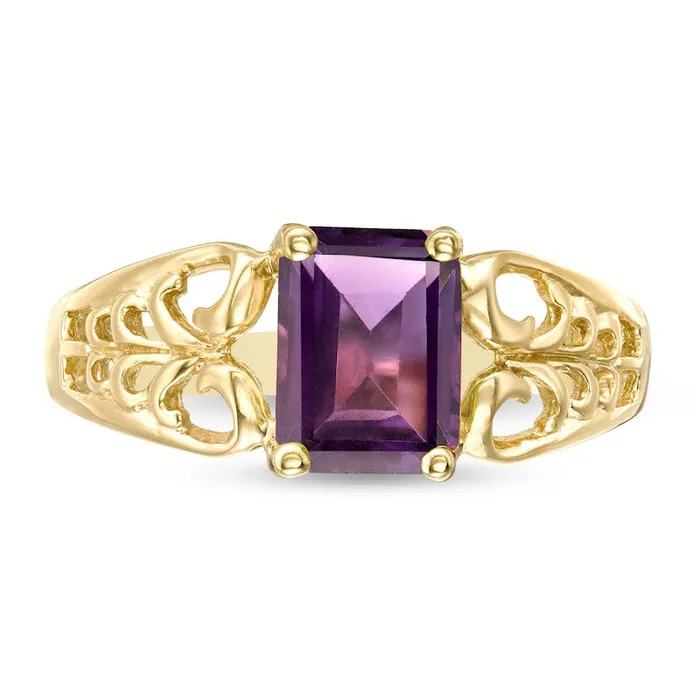 Goldia EmeraldCut Amethyst Open Scroll Ring in Solid 10K Yellow Gold Rings
