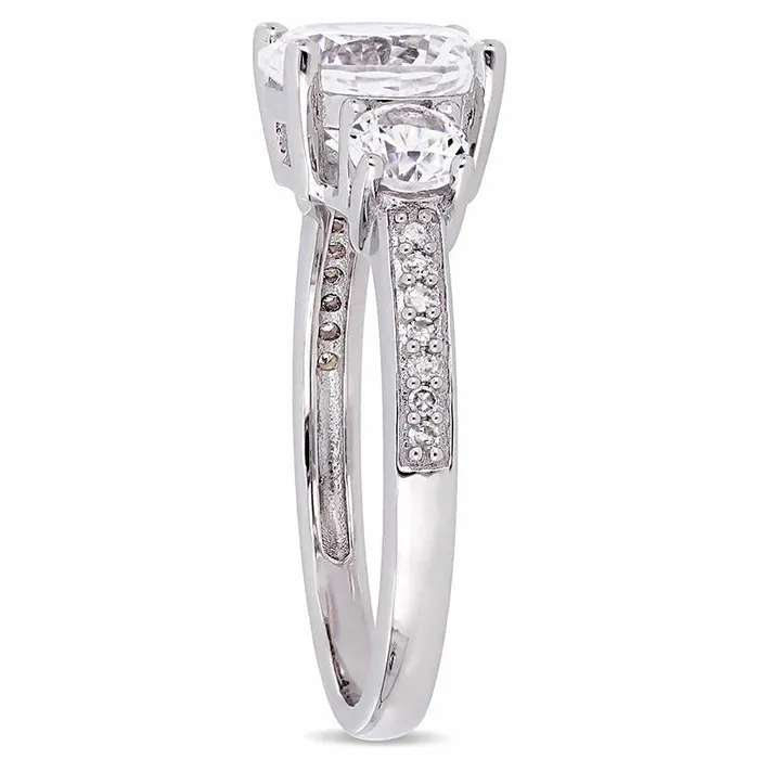 Goldia LabCreated White Sapphire and 007 CT TW Diamond Three Stone Engagement Ring in Solid 10K White Gold Rings