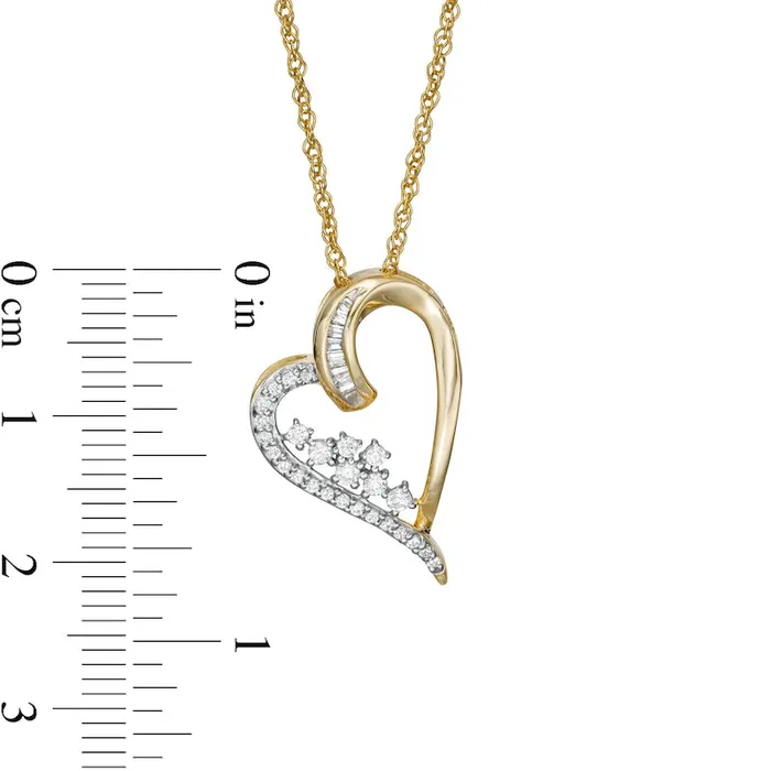 Goldia Necklaces 025 CT TW Baguette and Round Natural Diamond Tilted Scatter Heart Pendant in 10K Yellow Gold Goldia Necklaces 025 CT TW Baguette and Round Natural Diamond Tilted Scatter Heart Pendant in 10K Yellow Gold