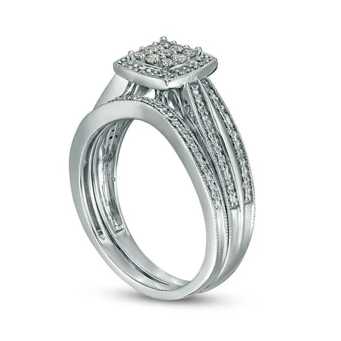 Goldia Rings 025 CT TW Composite Natural Diamond Square Frame Antique VintageStyle Bridal Engagement Ring Set in Sterling Silver Goldia Rings 025 CT TW Composite Natural Diamond Square Frame Antique VintageStyle Bridal Engagement Ring Set in Sterling Silver
