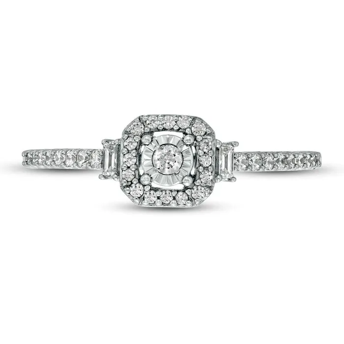 Goldia Rings 025 CT TW Natural Diamond Square Frame Promise Ring with Baguette Sides in Solid 10K White Gold