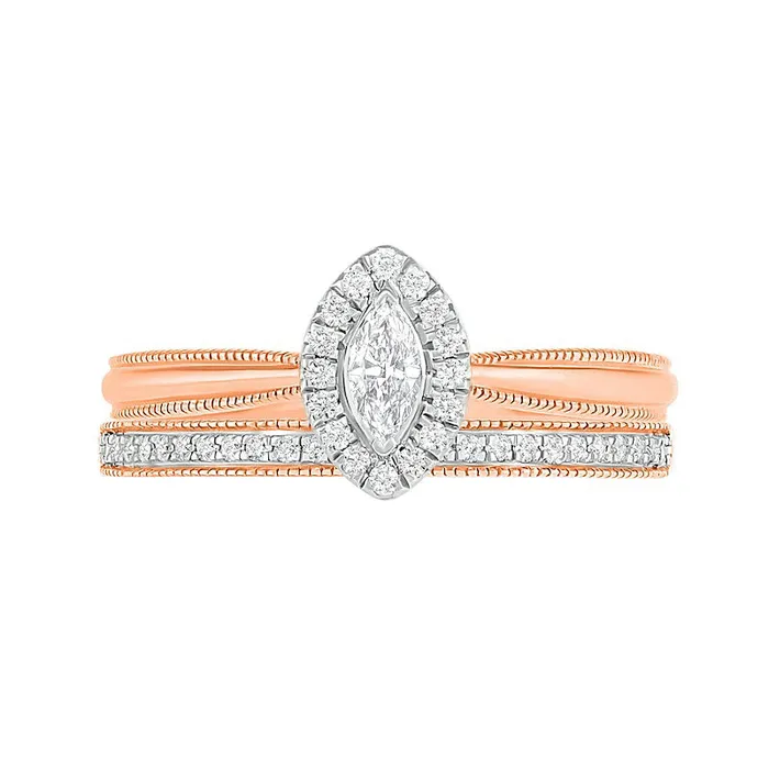 Goldia Rings 033 CT TW Marquise Natural Diamond Frame Antique VintageStyle Bridal Engagement Ring Set in Solid 10K Rose Gold