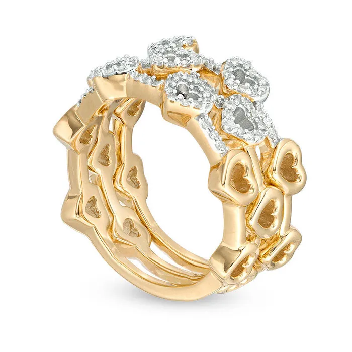 Goldia Rings 033 CT TW Natural Diamond Heart Outline Three Piece Stackable Band Set in Sterling Silver with Solid 14K Gold Plate