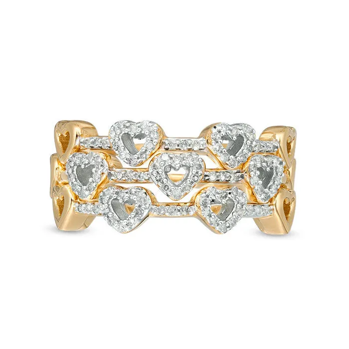 Goldia Rings 033 CT TW Natural Diamond Heart Outline Three Piece Stackable Band Set in Sterling Silver with Solid 14K Gold Plate