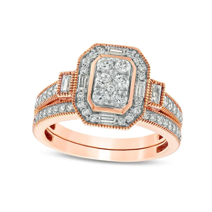 Goldia Rings 075 CT TW Composite Natural Diamond Elongated Octagonal Frame Antique VintageStyle Bridal Engagement Ring Set in Solid 10K Rose Gold Goldia Rings 075 CT TW Composite Natural Diamond Elongated Octagonal Frame Antique VintageStyle Bridal Engagement Ring Set in Solid 10K Rose Gold