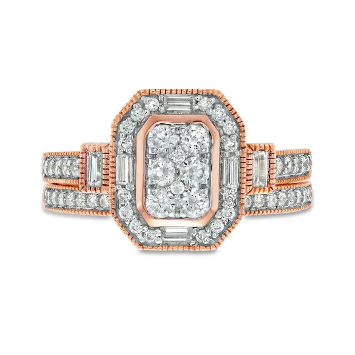 Goldia Rings 075 CT TW Composite Natural Diamond Elongated Octagonal Frame Antique VintageStyle Bridal Engagement Ring Set in Solid 10K Rose Gold