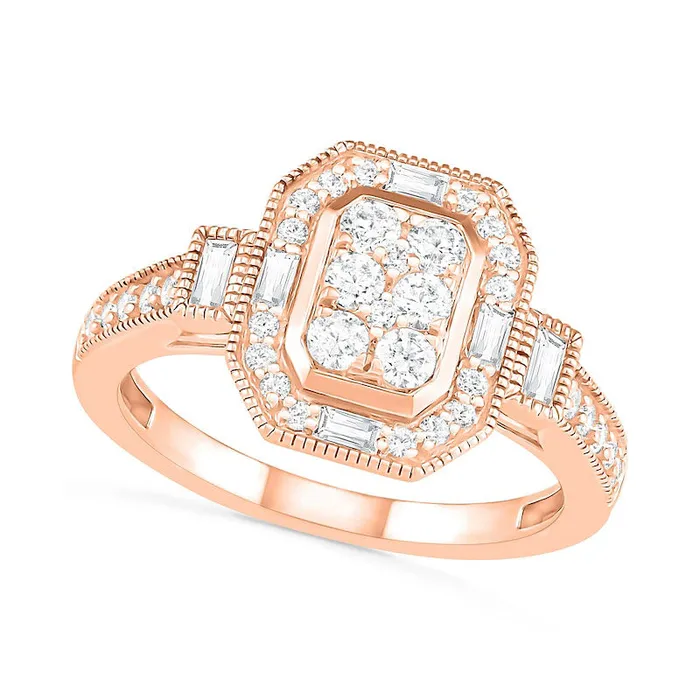 Goldia Rings 075 CT TW Composite Natural Diamond Elongated Octagonal Frame Antique VintageStyle Bridal Engagement Ring Set in Solid 10K Rose Gold