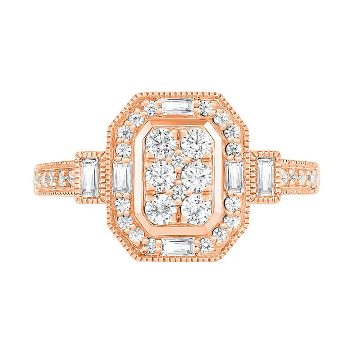Goldia Rings 075 CT TW Composite Natural Diamond Elongated Octagonal Frame Antique VintageStyle Bridal Engagement Ring Set in Solid 10K Rose Gold