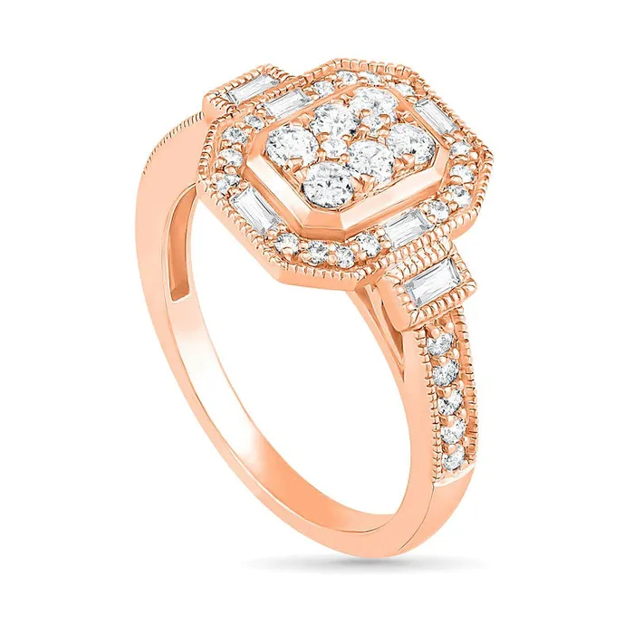 Goldia Rings 075 CT TW Composite Natural Diamond Elongated Octagonal Frame Antique VintageStyle Bridal Engagement Ring Set in Solid 10K Rose Gold