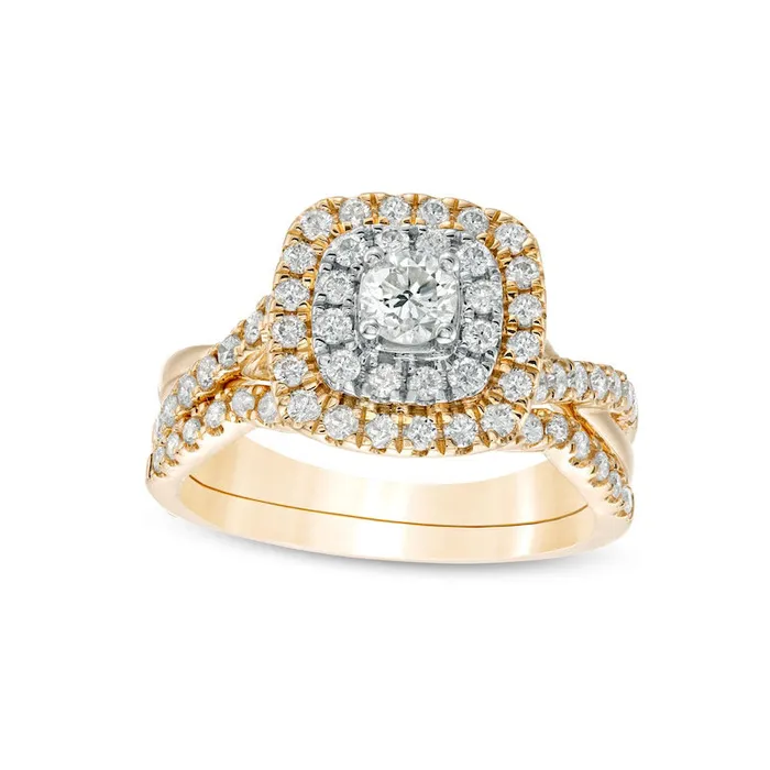 Goldia Rings 10 CT TW Natural Diamond Double CushionShaped Frame Crossover Bridal Engagement Ring Set in Solid 10K Yellow Gold Goldia Rings 10 CT TW Natural Diamond Double CushionShaped Frame Crossover Bridal Engagement Ring Set in Solid 10K Yellow Gold