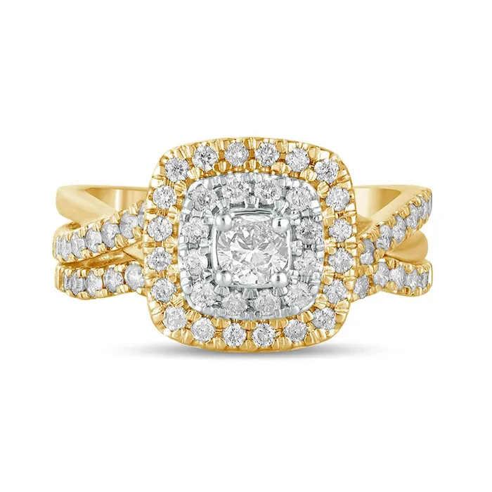 Goldia Rings 10 CT TW Natural Diamond Double CushionShaped Frame Crossover Bridal Engagement Ring Set in Solid 10K Yellow Gold