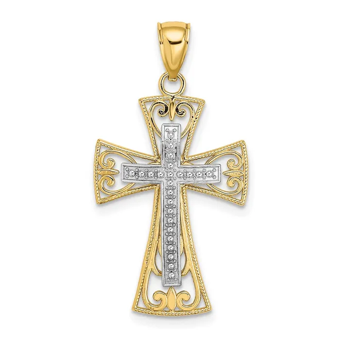 Goldia Rings 14k Twotone Gold 2D and DC Beaded Filigree Cross Charm