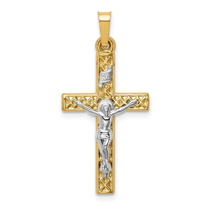 Goldia Rings 14k Twotone Gold Polished Lattice Textured INRI Crucifix Pendant Goldia Rings 14k Twotone Gold Polished Lattice Textured INRI Crucifix Pendant